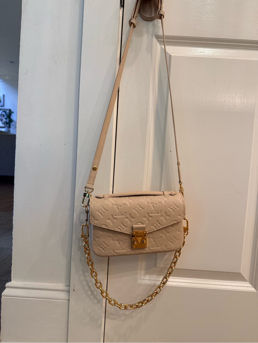 Beige Embossed Leather Crossbody Bag with Gold Chain